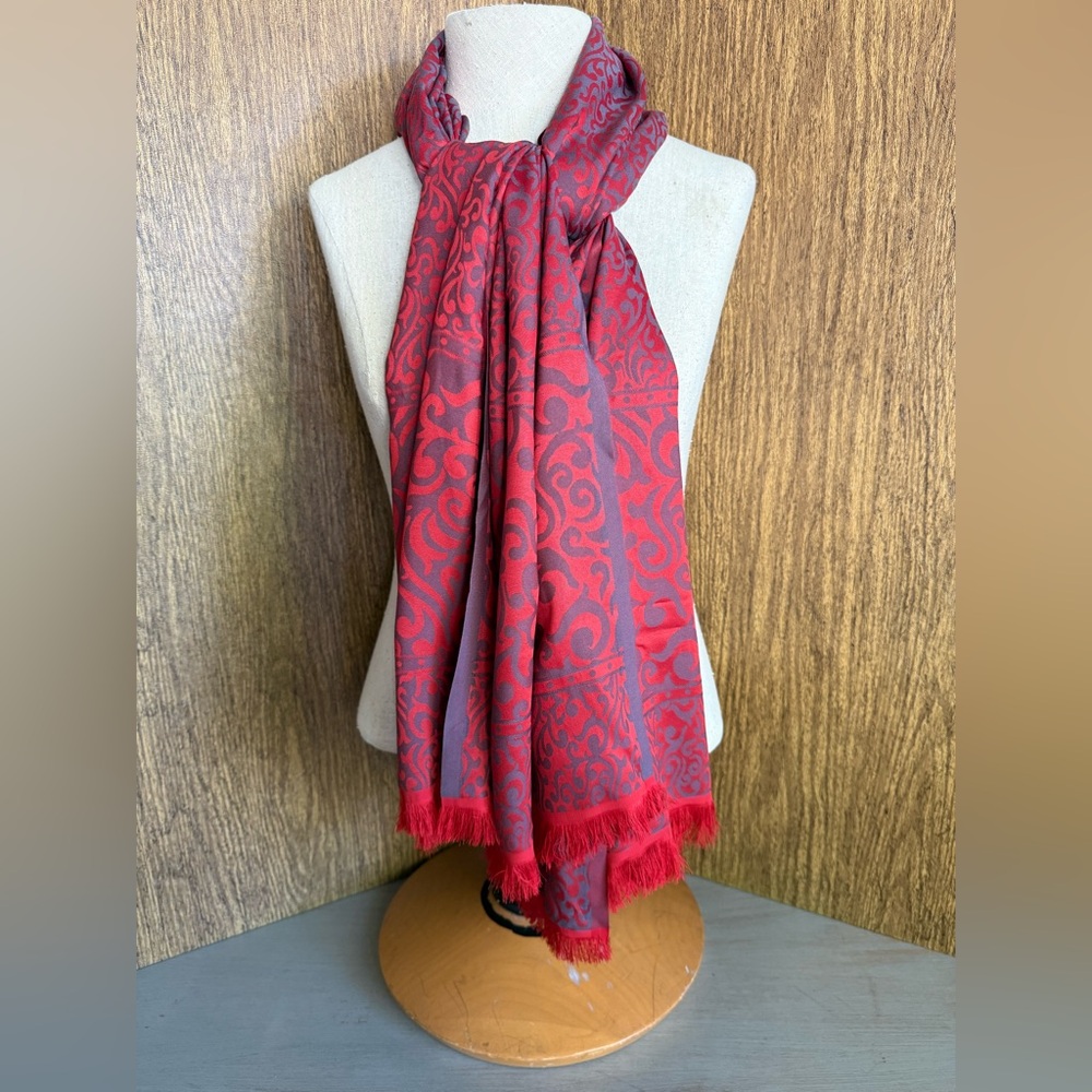 Turkish Fringe Scarf Red & Purple Damask Scroll Jacquard Rectangle  28x68
